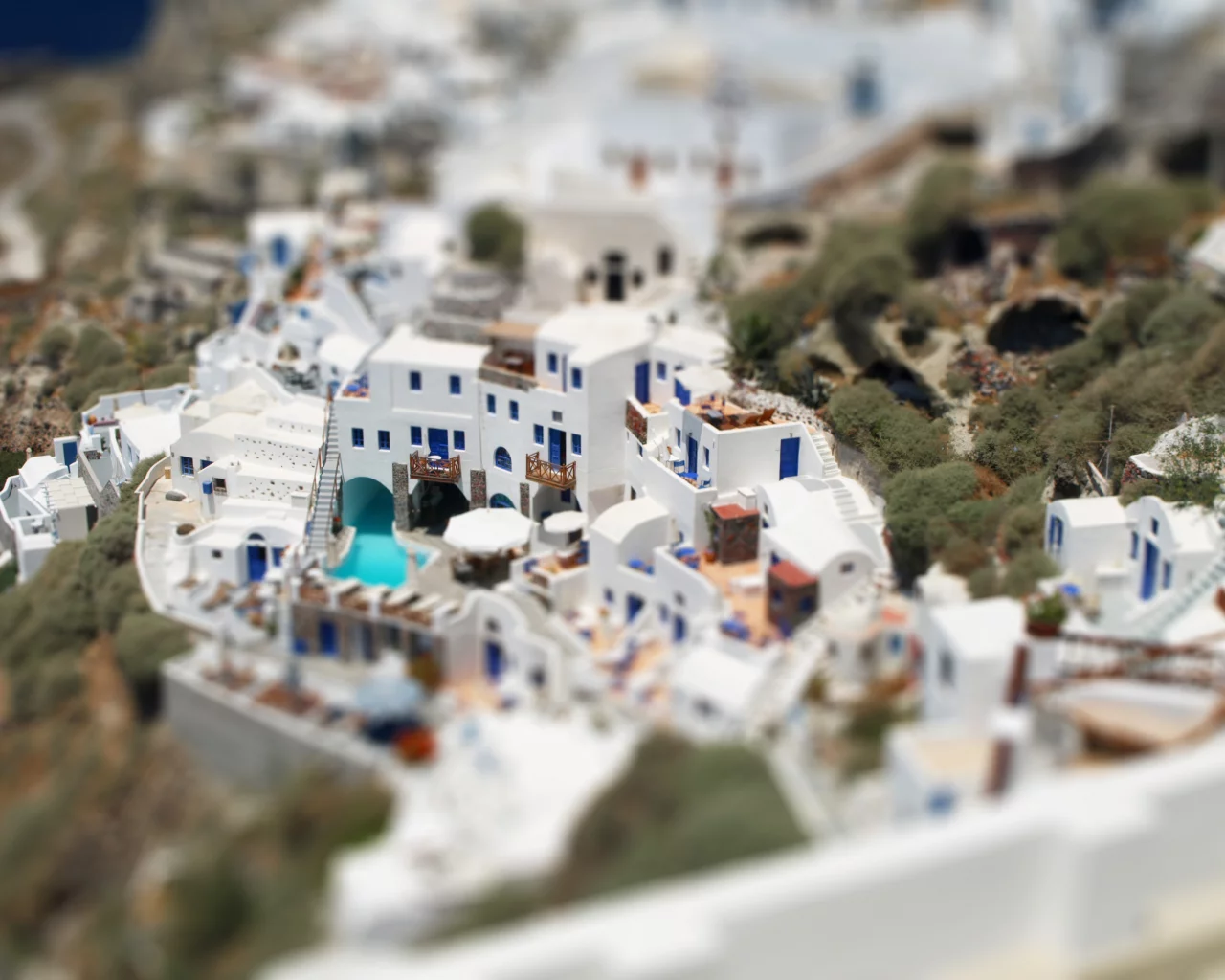 дома, белые, санторини, tilt-shift, греция