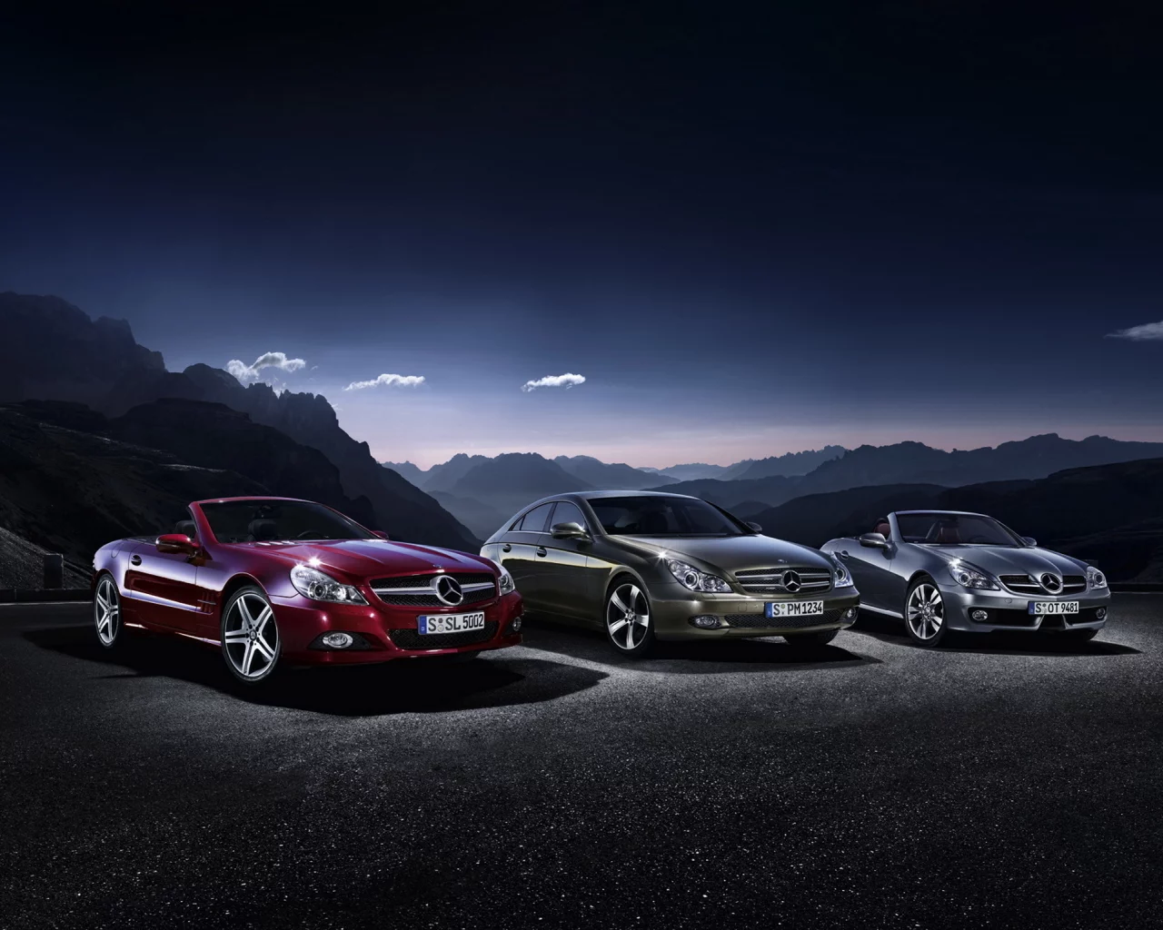 slk, mercedes-benz, мерседесы, cls, горы, небо, mixed,, slм, сумерки