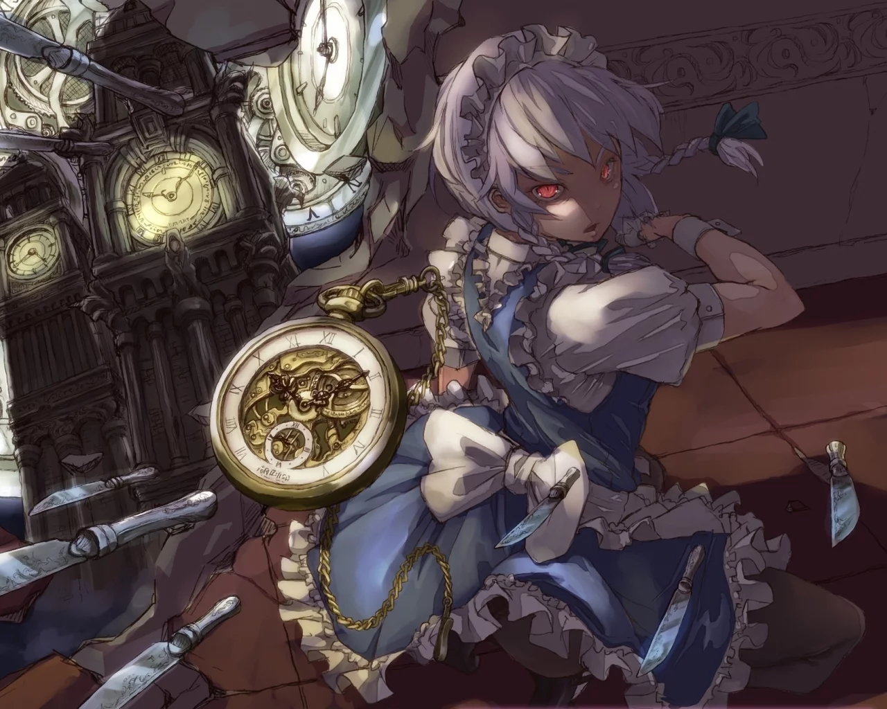 часы, горничная, touhou, ножи, рисунок, девушка, красные глаза