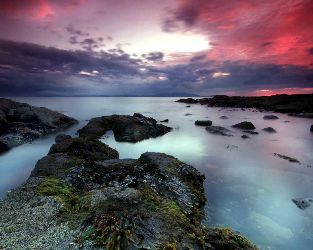 камни, закат, море