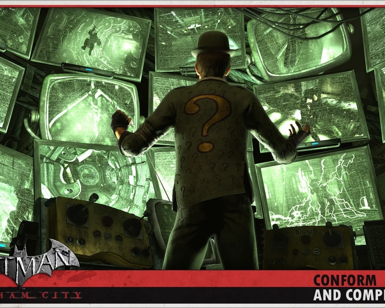riddler, панель, мониторы, arkham city, batman