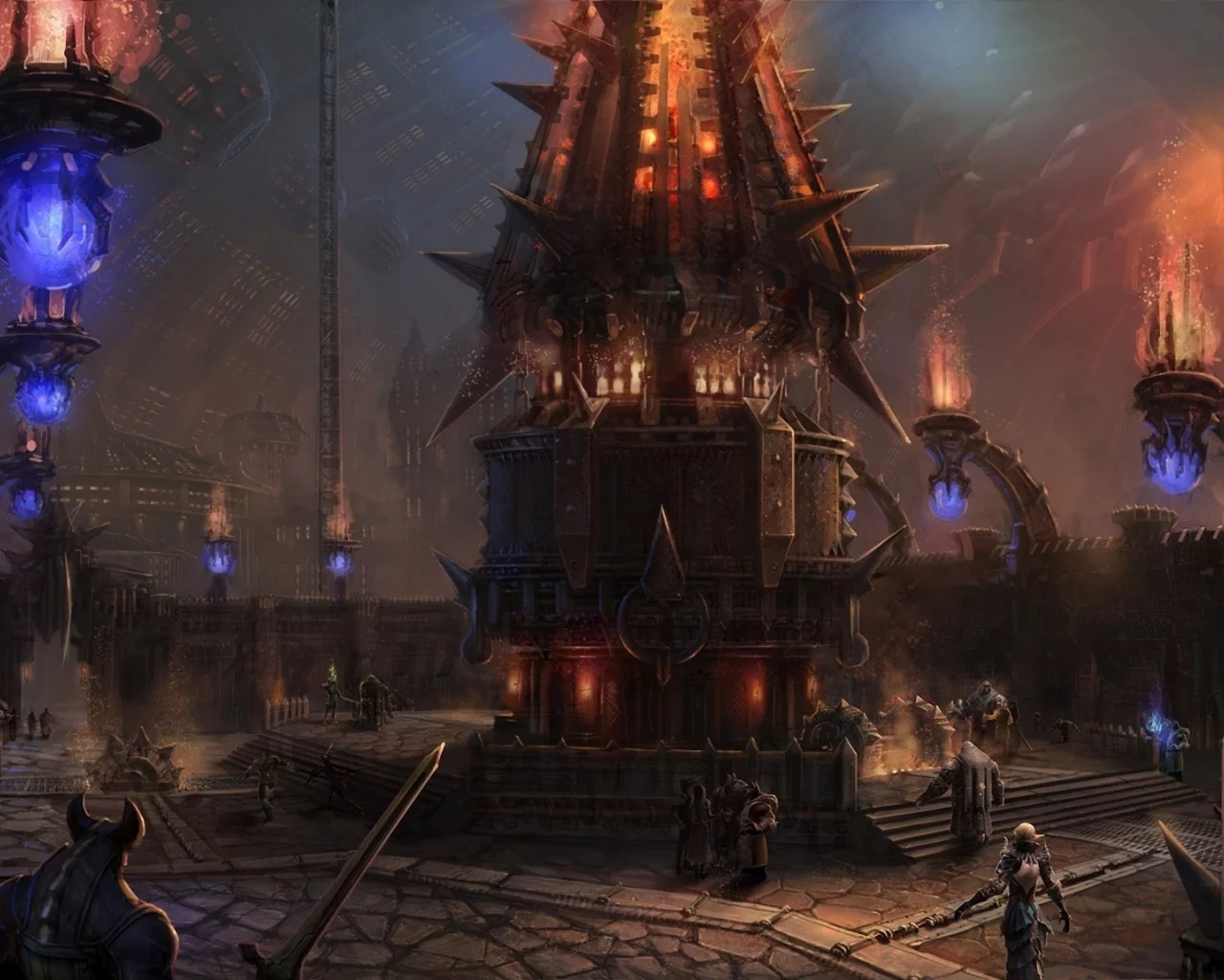 tera online, меч, рога, жители, оружие, магия, огонь, город, шары