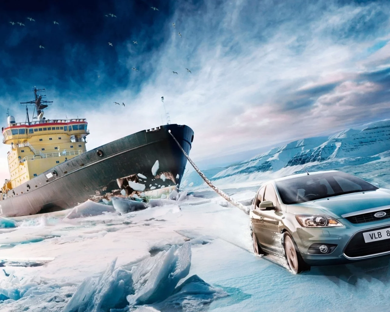 снег, лёд, ice, ледокол, буксир, ford, фокус, небо, форд