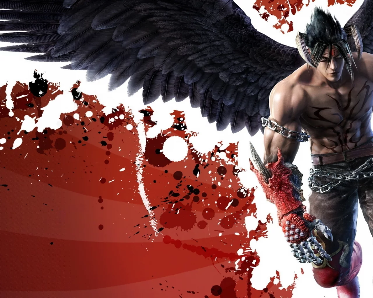 красный фон, взгляд, крылья, цепи, воин, devil jin, экипировка