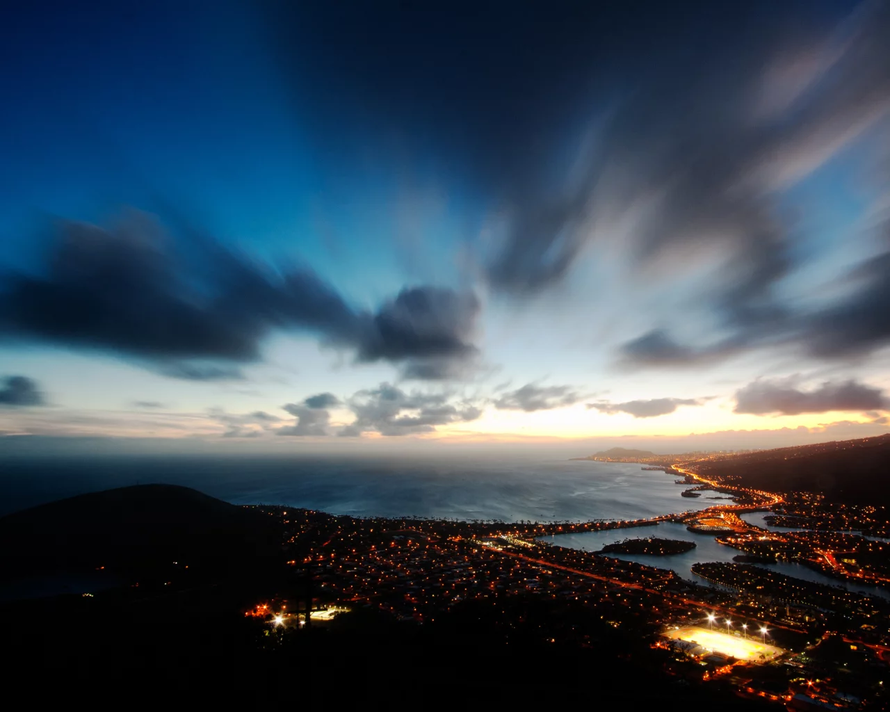 ночь, usa, hawaii, огни, clouds, sky, night, гавайи, kai, ocean