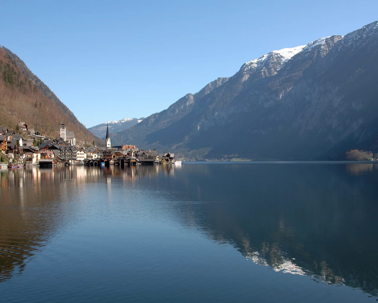 отражение, austria, городок, горы, озеро, вода, австрия, небо