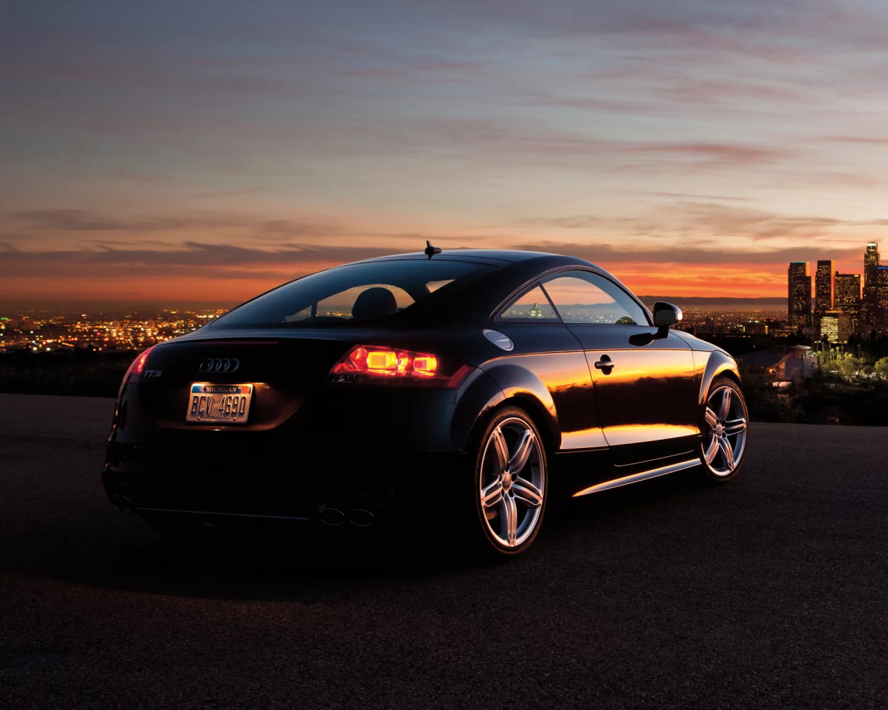закат, понорама города, audi, coupe, tts, фонари
