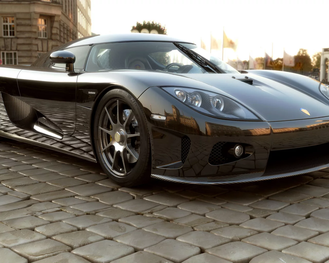 город, koenigsegg, мостовая, флаги, здания, ccx