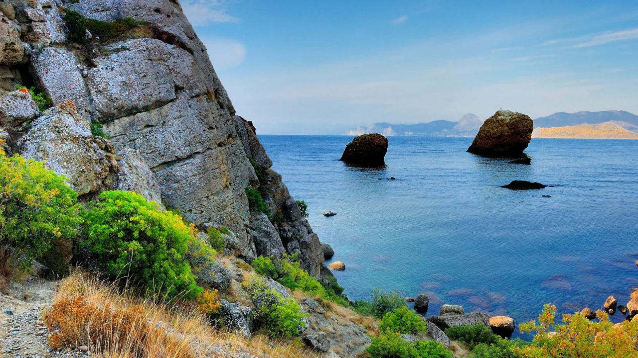 скала, крым, кусты, море, черное, горы, берег, камни