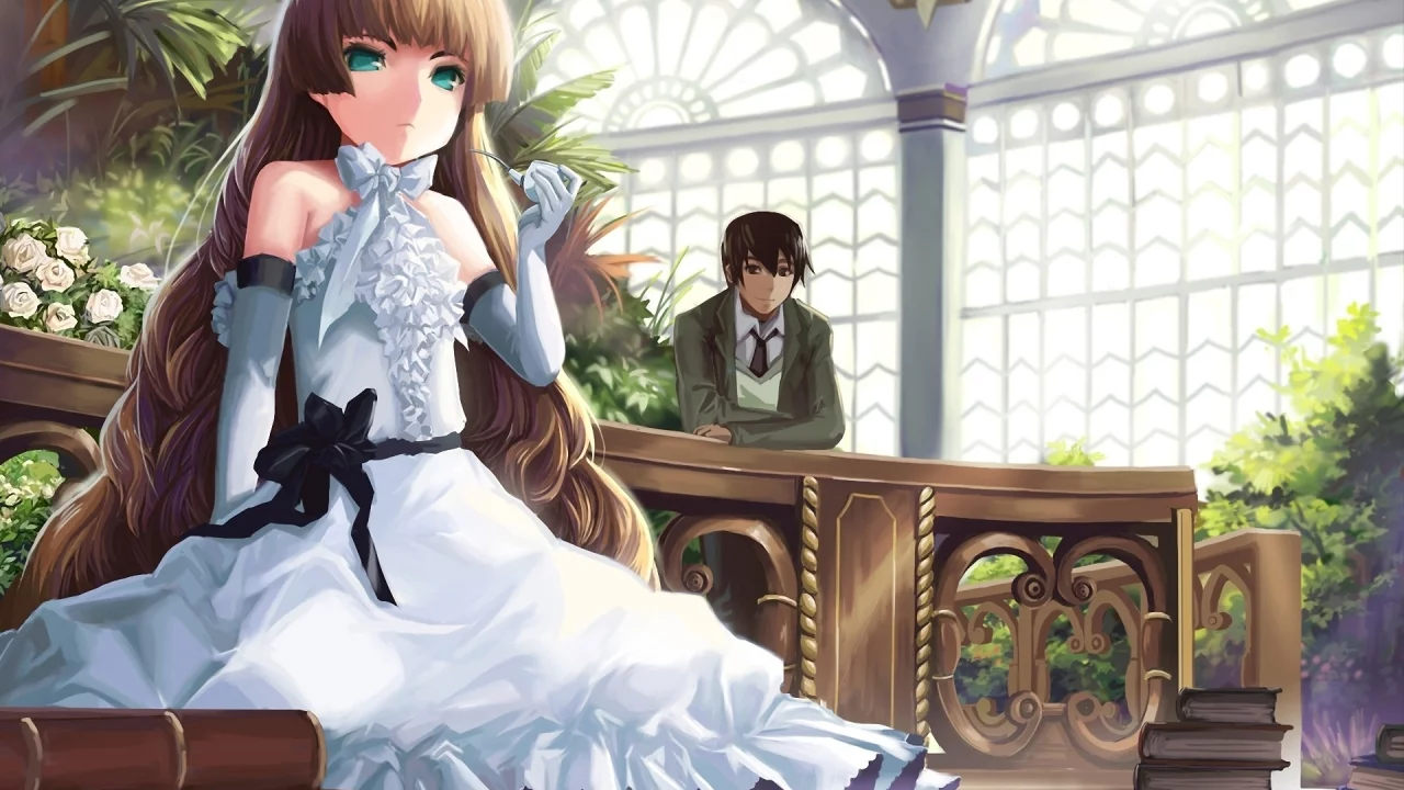 gosick, розы, книги, akizone, арт, цветы, библиотека, парень, victorique de broix, трубка, kujou kazuya, девочка, платье