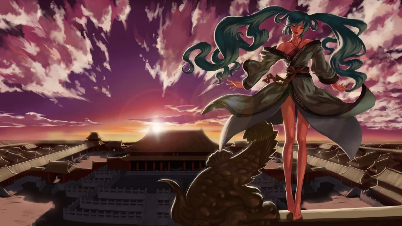 закат, девушка, крыша, облака, азия, кимоно, hatsune miku, vocaloid
