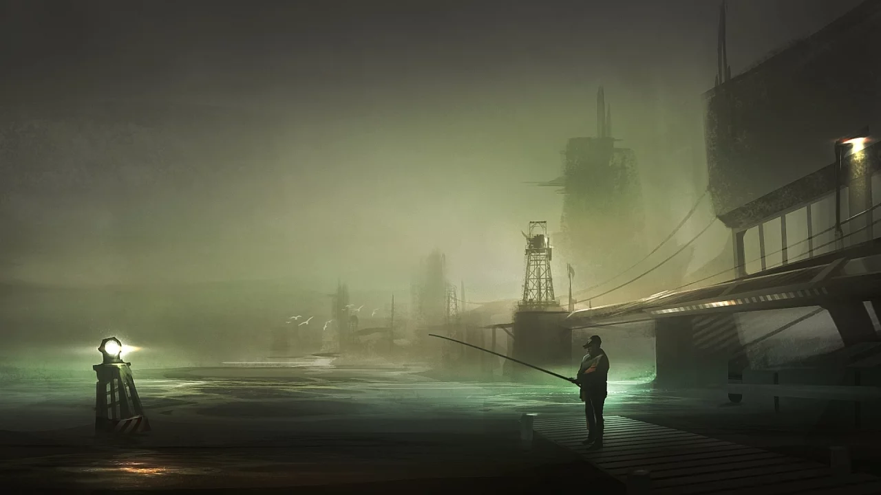 harbor, fisherman, рыбак, арт, ночь, пирс, by yobarte
