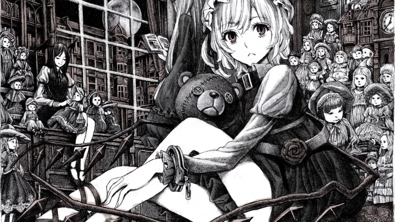 игрушка, anime, рисунок, аниме, мишка, девушка