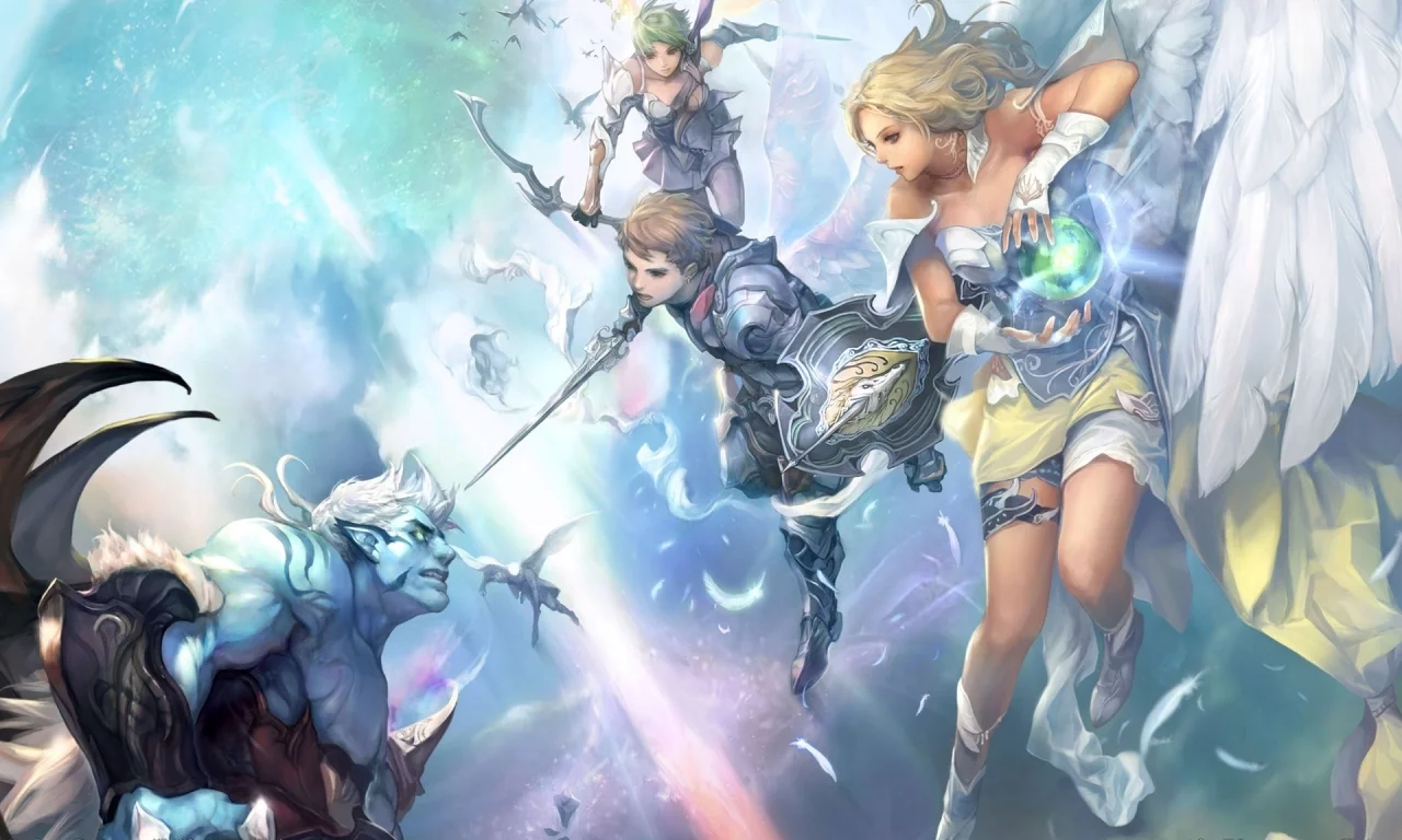 ангел, крылья, битва, перья, девушки, aion, оружие, tower of eternity, меч, демон, магия