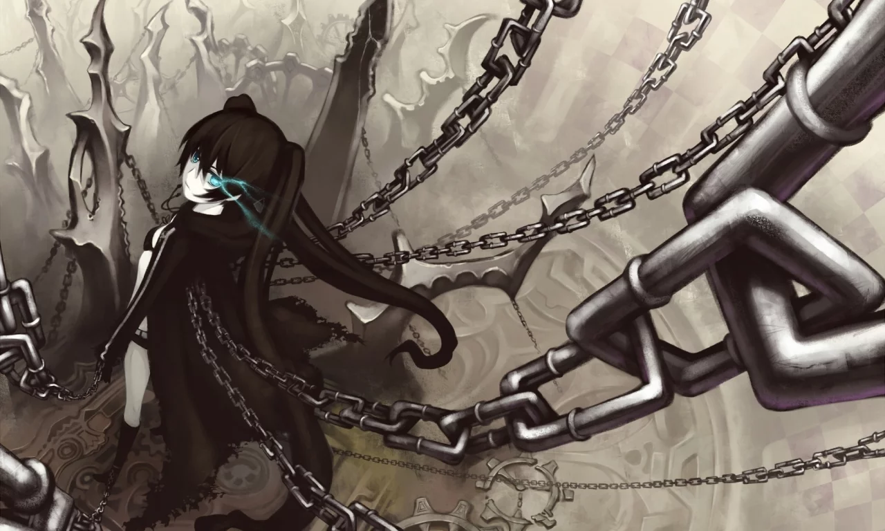цепи, black rock shooter, девушка, мато, стрелок с чёрной скалы, оружие