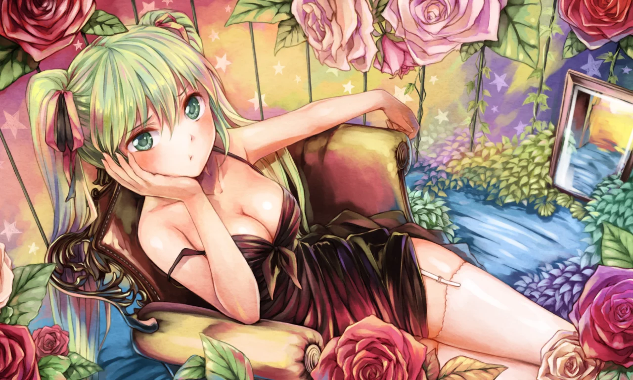 девушка, стул, чулки, hatsune miku, кресло, цветы, розы, vocaloid