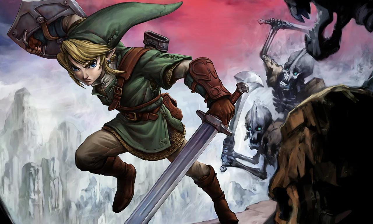 парень, щит, эльф, нежить, скалы, меч, zelda, link, битва, скелеты