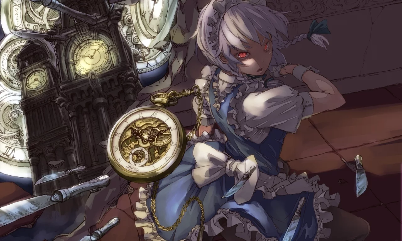 часы, горничная, touhou, ножи, рисунок, девушка, красные глаза
