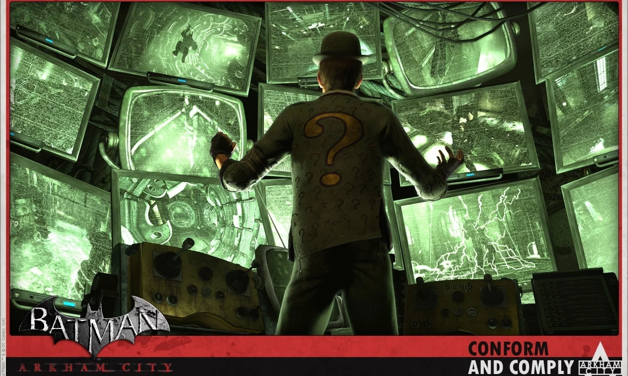 riddler, панель, мониторы, arkham city, batman