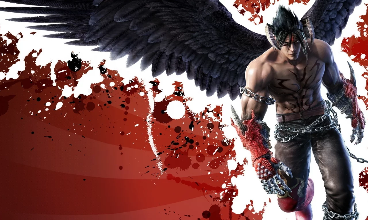 красный фон, взгляд, крылья, цепи, воин, devil jin, экипировка