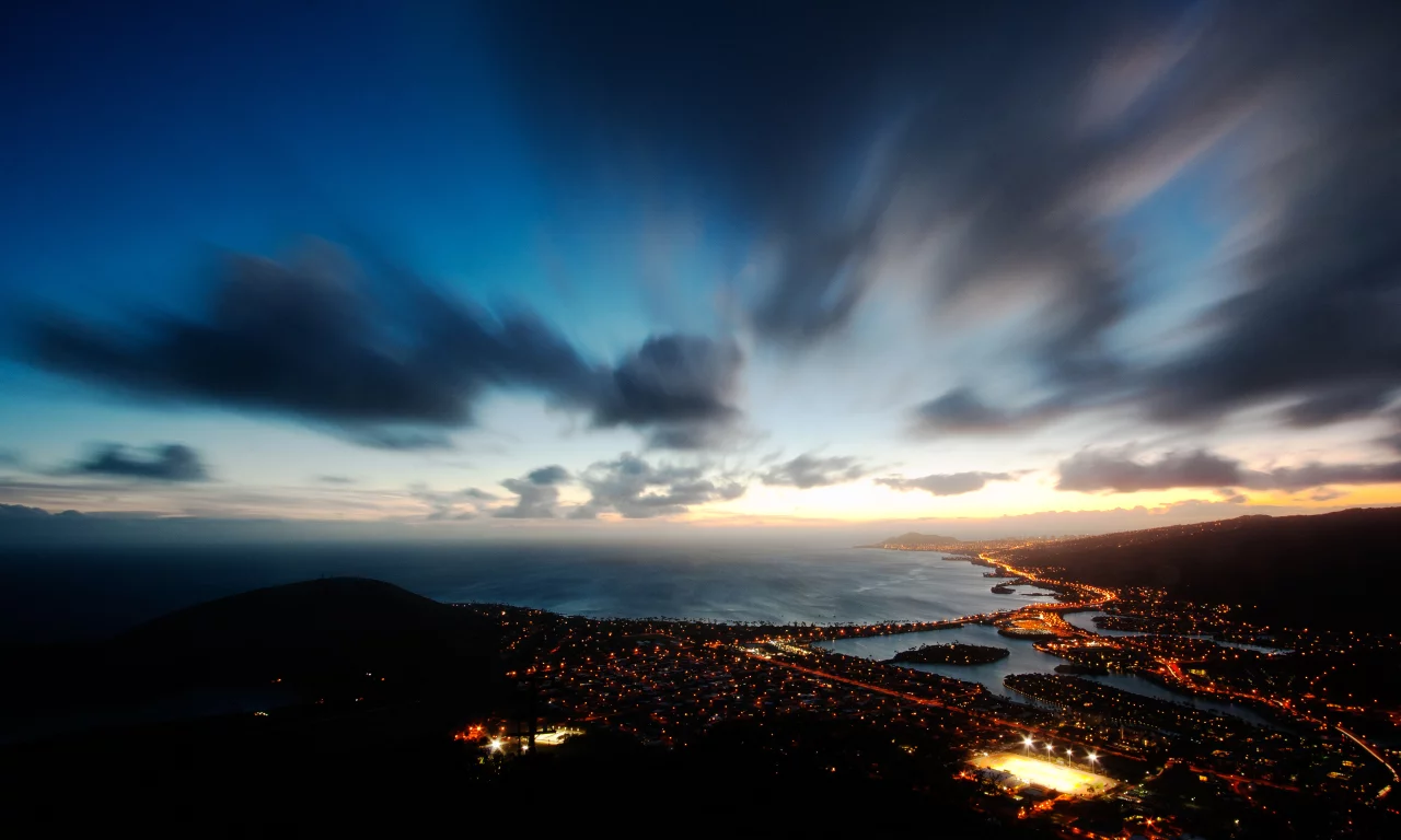 ночь, usa, hawaii, огни, clouds, sky, night, гавайи, kai, ocean