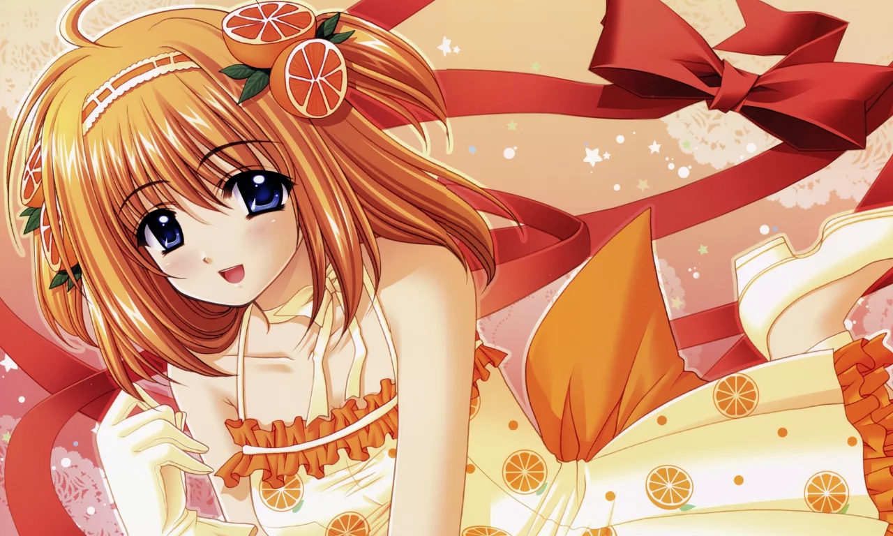 девущка, платье, ленточки, заколка, shuffle, kaede fuyou, аниме, апельсин