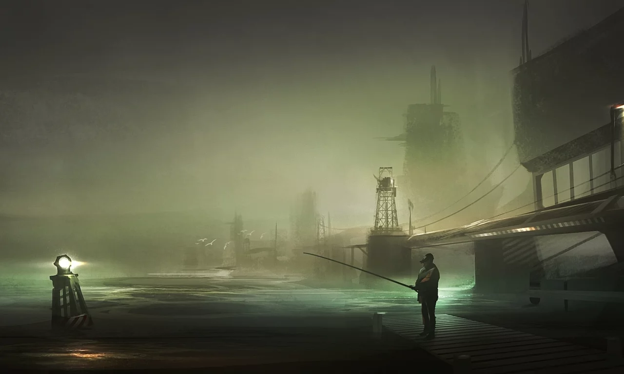 harbor, fisherman, рыбак, арт, ночь, пирс, by yobarte