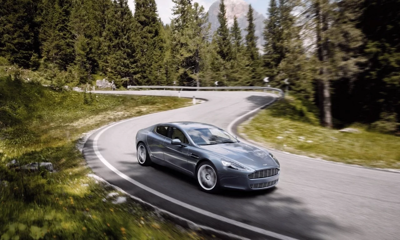 aston martin, деревья, авто, лес, поворот, дорога, размытие