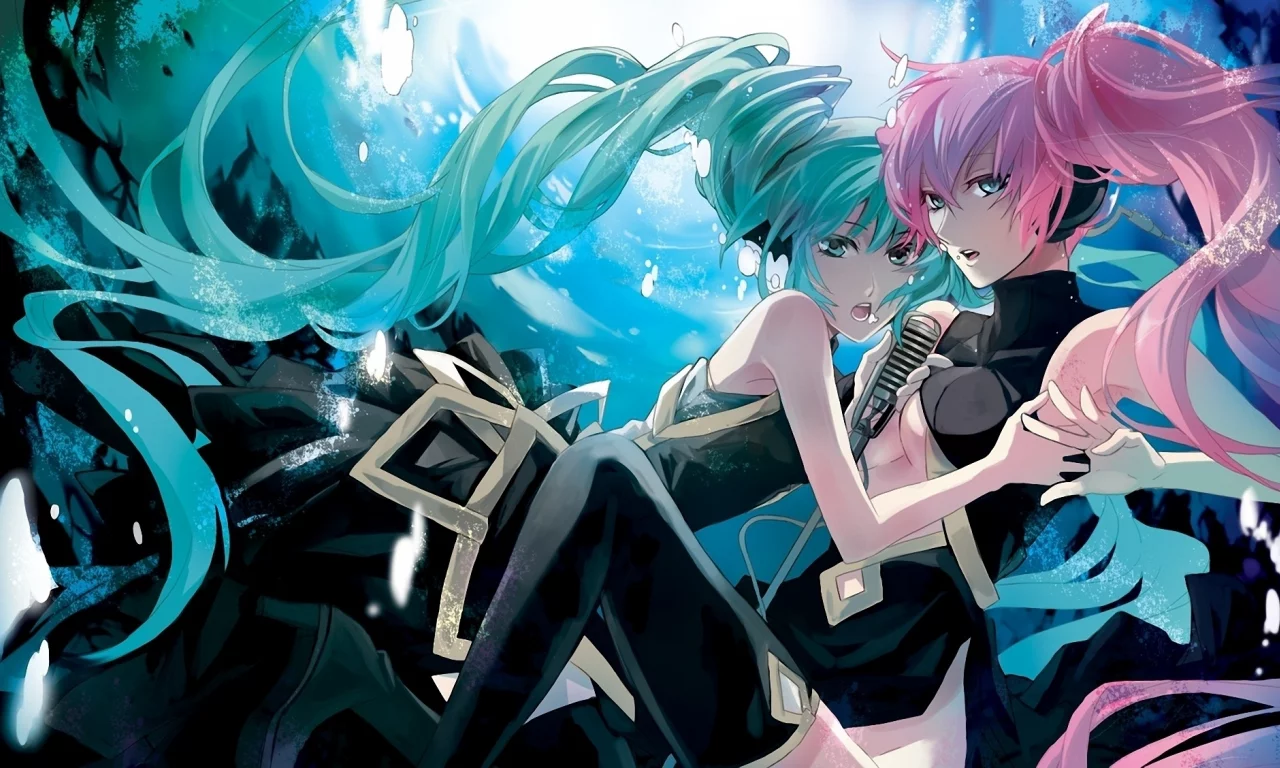 девушки, hatsune miku, микрофон, vocaloid, megurine luka, абстракция