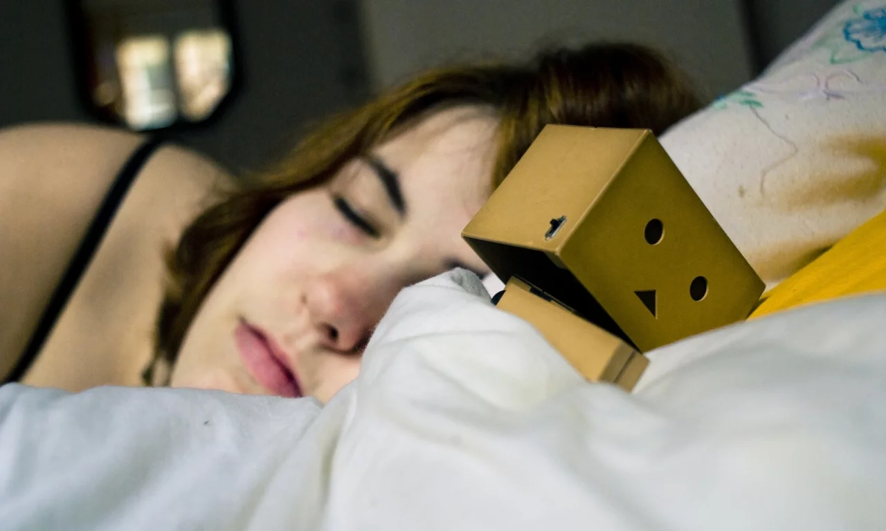 сон, коробка, девушка, кровать, подушка, одеяло, danbo