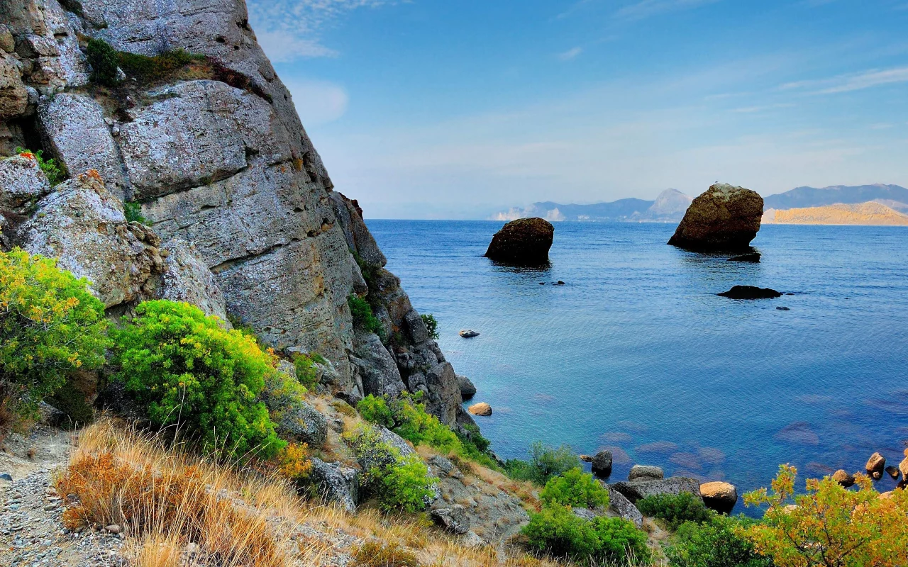 скала, крым, кусты, море, черное, горы, берег, камни