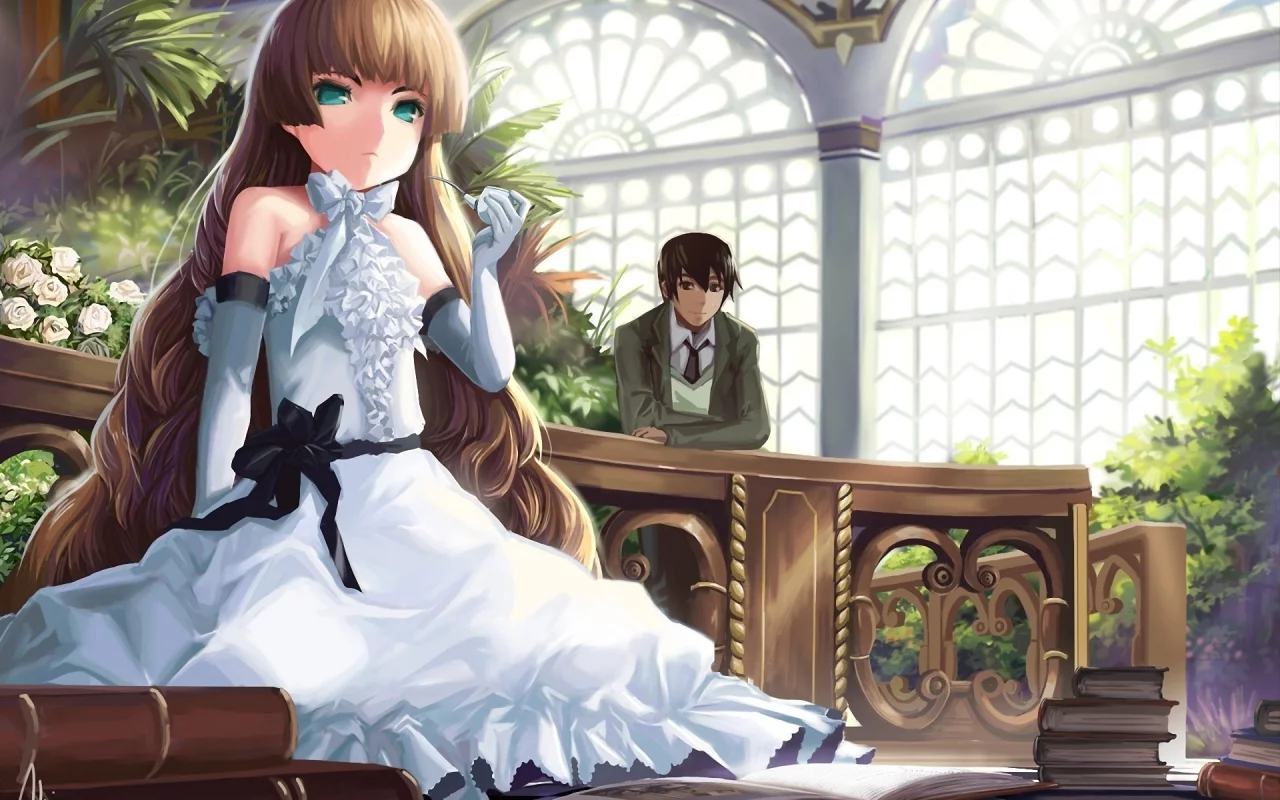 gosick, розы, книги, akizone, арт, цветы, библиотека, парень, victorique de broix, трубка, kujou kazuya, девочка, платье