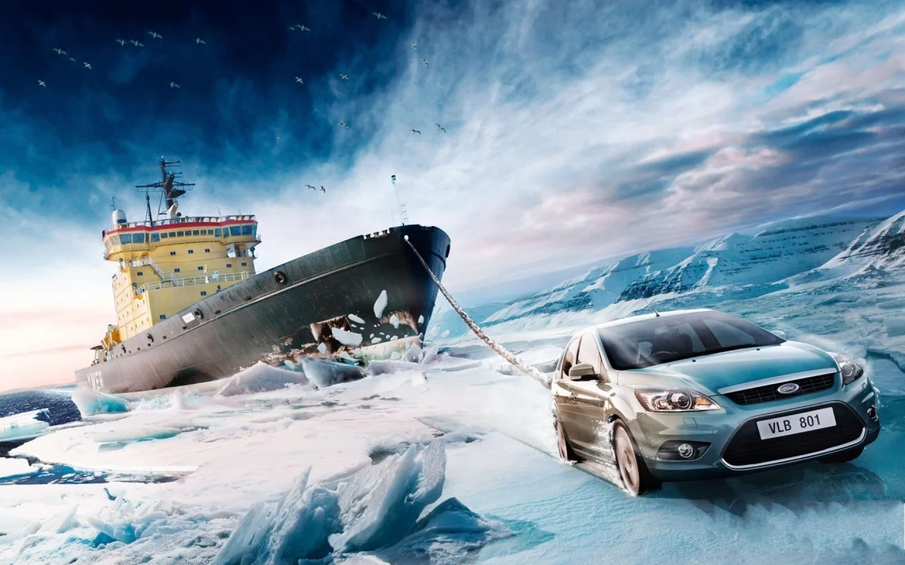 снег, лёд, ice, ледокол, буксир, ford, фокус, небо, форд