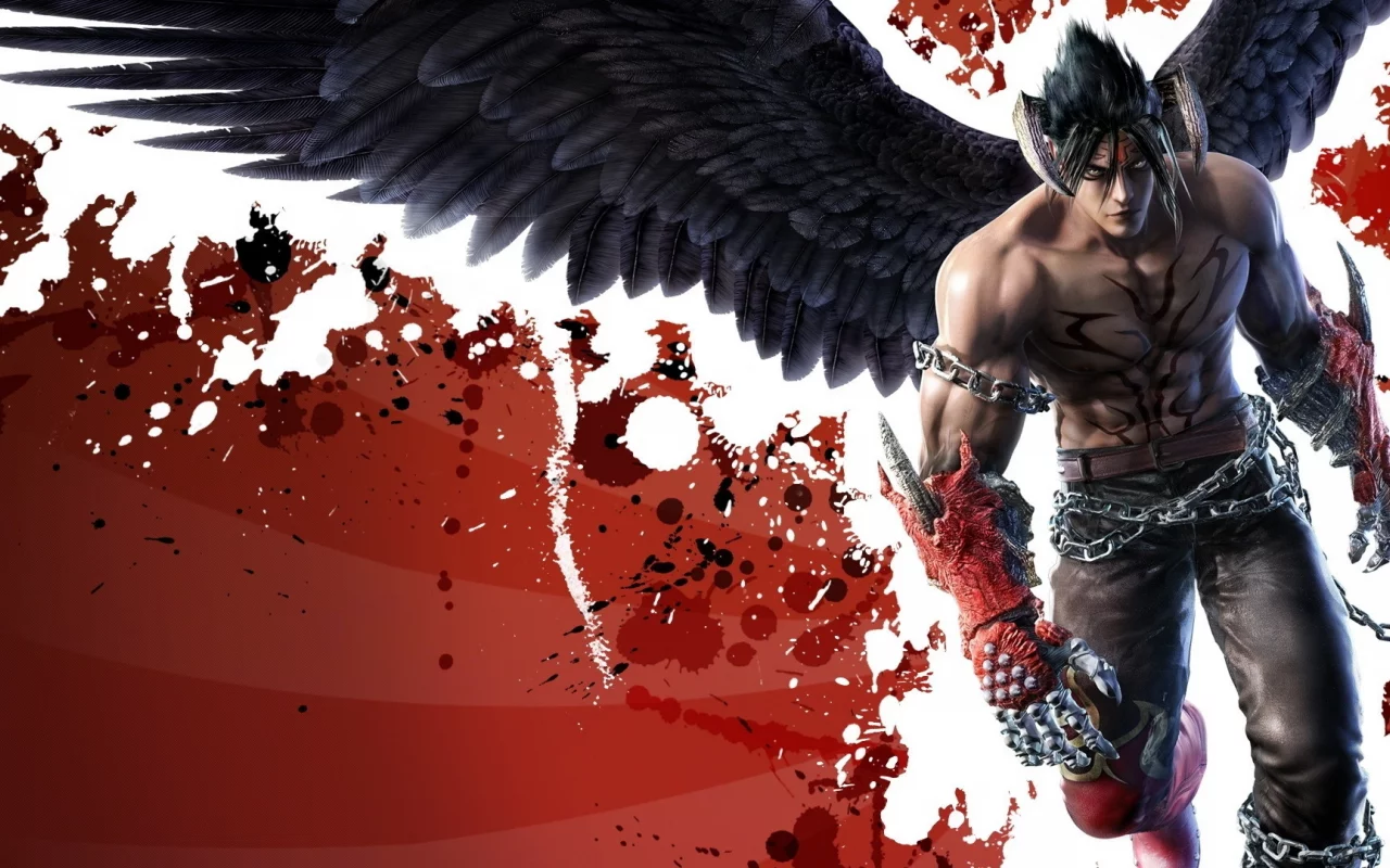 красный фон, взгляд, крылья, цепи, воин, devil jin, экипировка