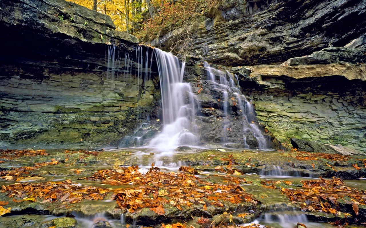 осень, водопад, листья