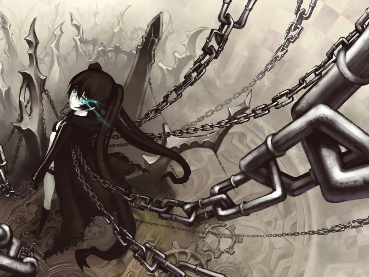 цепи, black rock shooter, девушка, мато, стрелок с чёрной скалы, оружие