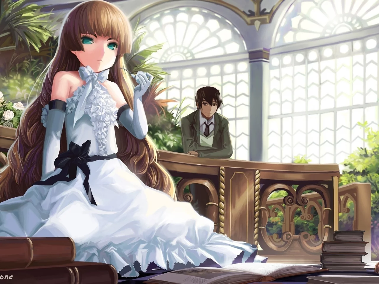 gosick, розы, книги, akizone, арт, цветы, библиотека, парень, victorique de broix, трубка, kujou kazuya, девочка, платье