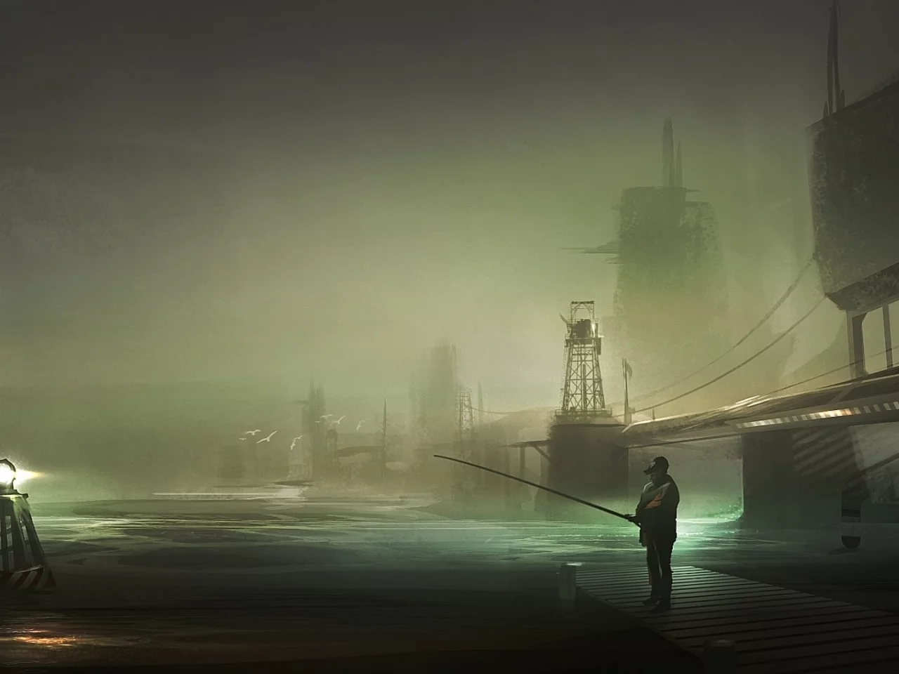 harbor, fisherman, рыбак, арт, ночь, пирс, by yobarte