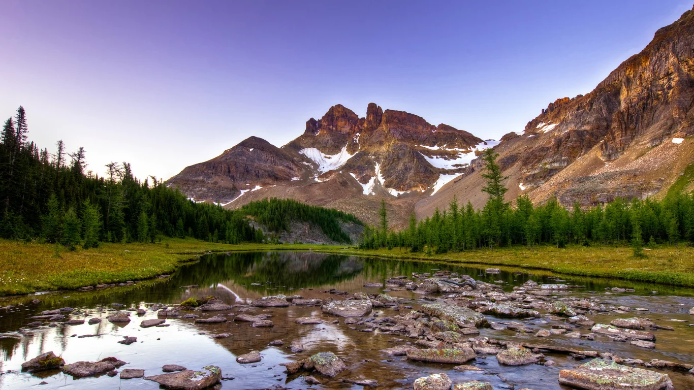 камни, горы, канада, вечер, canada, река, ели