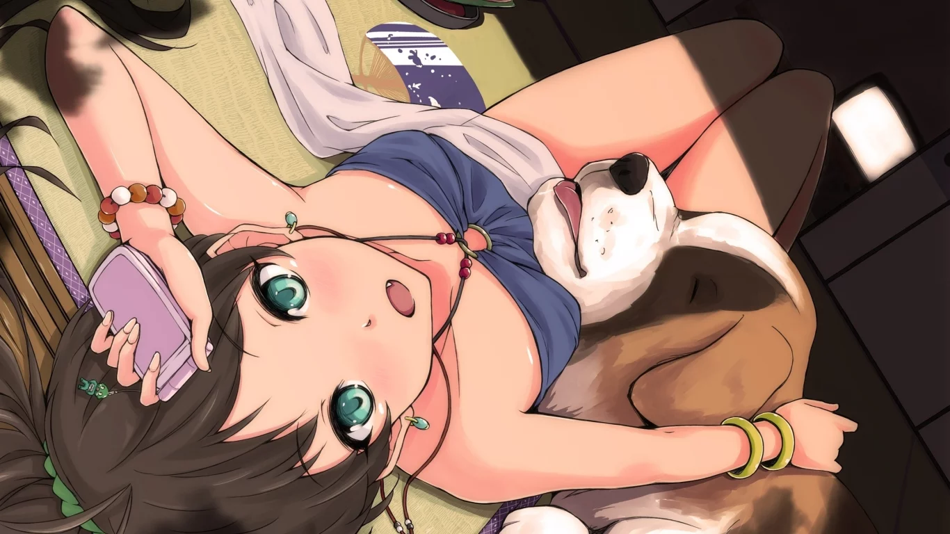ganaha hibiki, лежит, солнце, телефон, idolmaster, собака, девушка, комната, мобильник