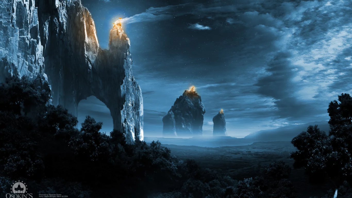 lights of empire, огни, ночь, лес, скалы