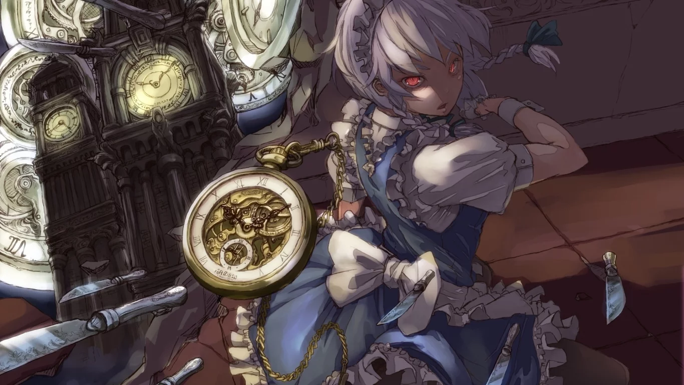 часы, горничная, touhou, ножи, рисунок, девушка, красные глаза
