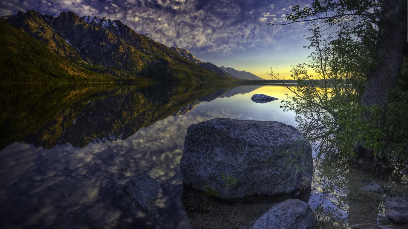 отражение, природа, облака, вода, гора, камень, небо