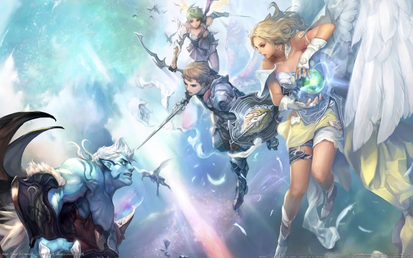 ангел, крылья, битва, перья, девушки, aion, оружие, tower of eternity, меч, демон, магия