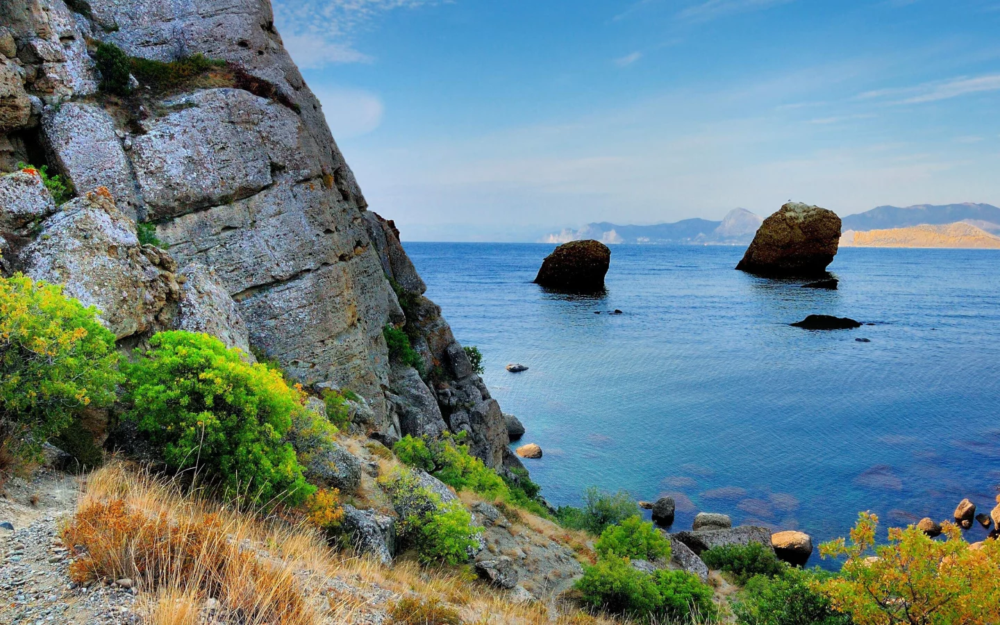 скала, крым, кусты, море, черное, горы, берег, камни