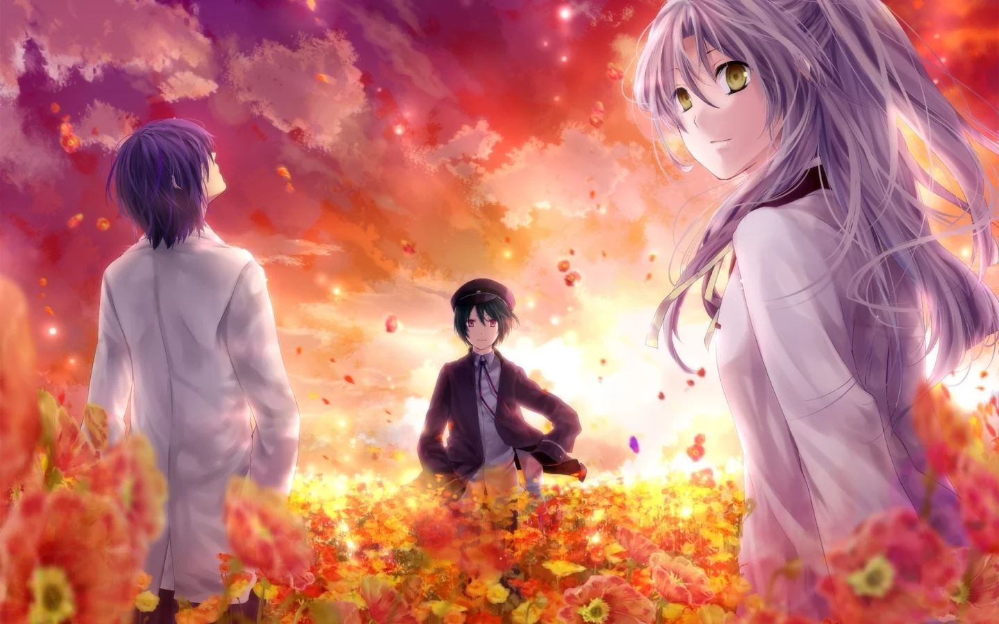 канадэ татибана, хидэки хината, angel beats, небо, аято наои, цветы