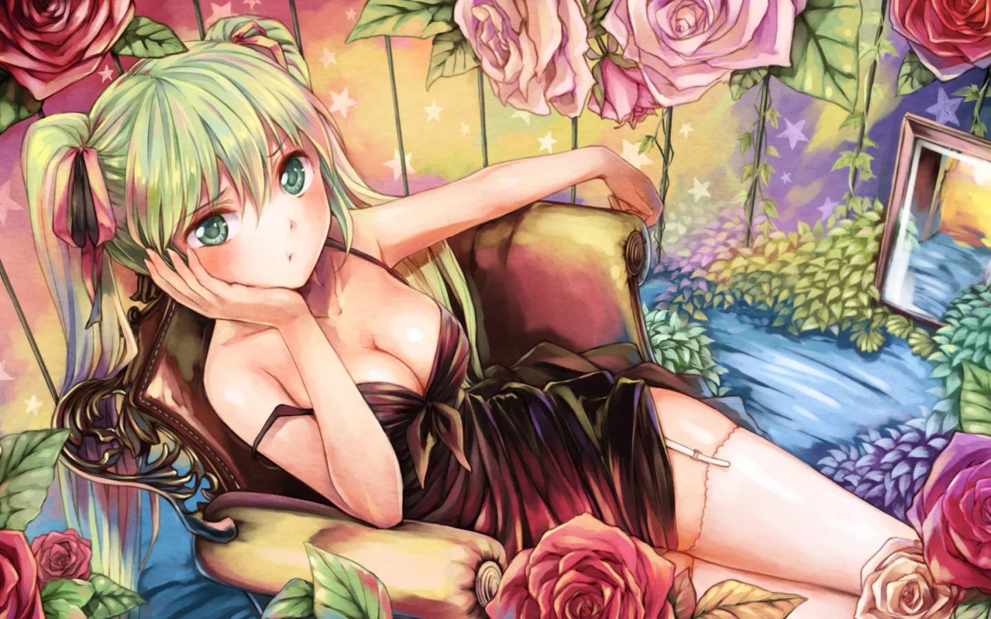 девушка, стул, чулки, hatsune miku, кресло, цветы, розы, vocaloid
