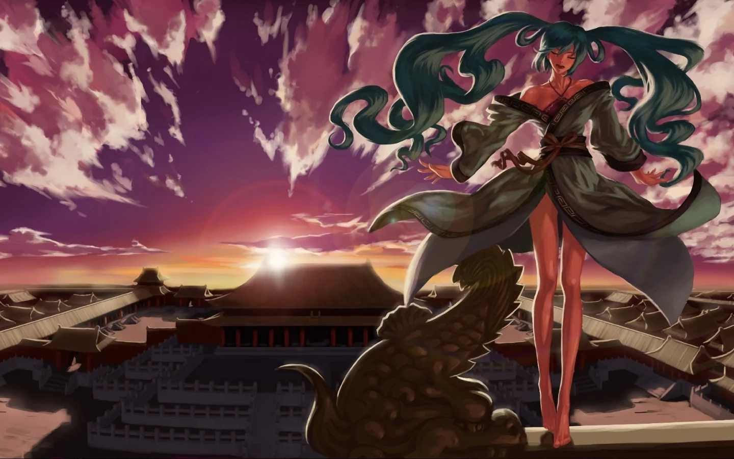 закат, девушка, крыша, облака, азия, кимоно, hatsune miku, vocaloid