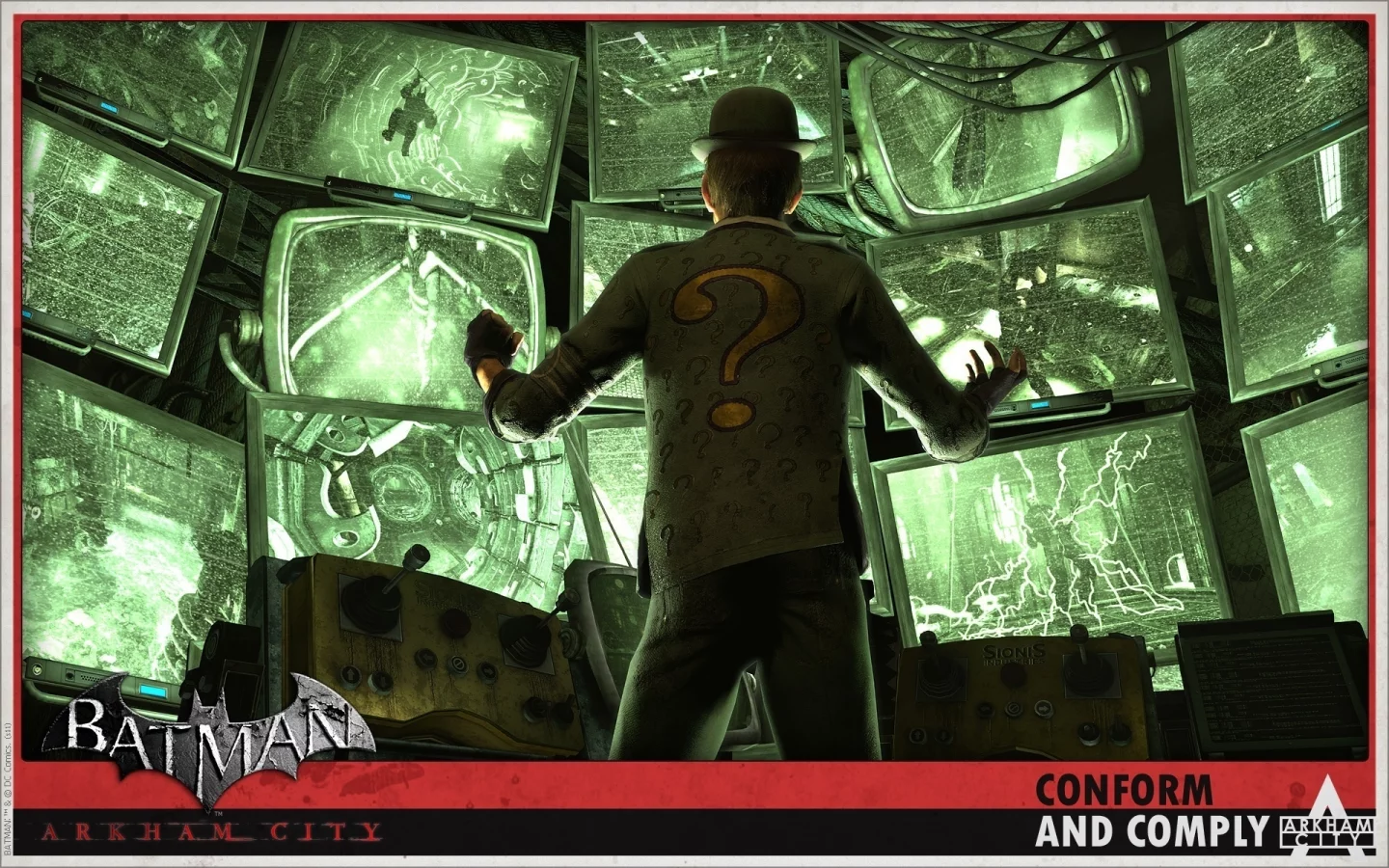 riddler, панель, мониторы, arkham city, batman