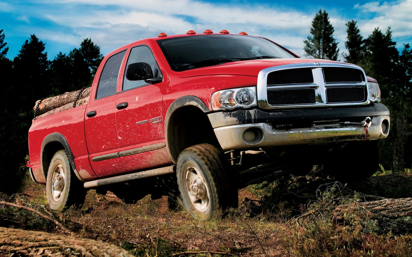 небо, грязь, power wagon, додж, рэм, quad cab, красный, деревья, внедорожник, целина, dodge, джип, пикап, ram, лес